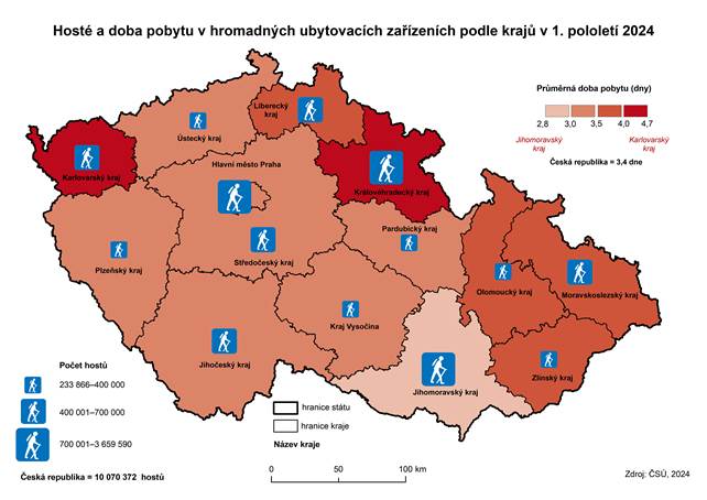 Kartogram: Host a doba pobytu v hromadnch ubytovacch zazench podle kraj v 1. pololet 2024